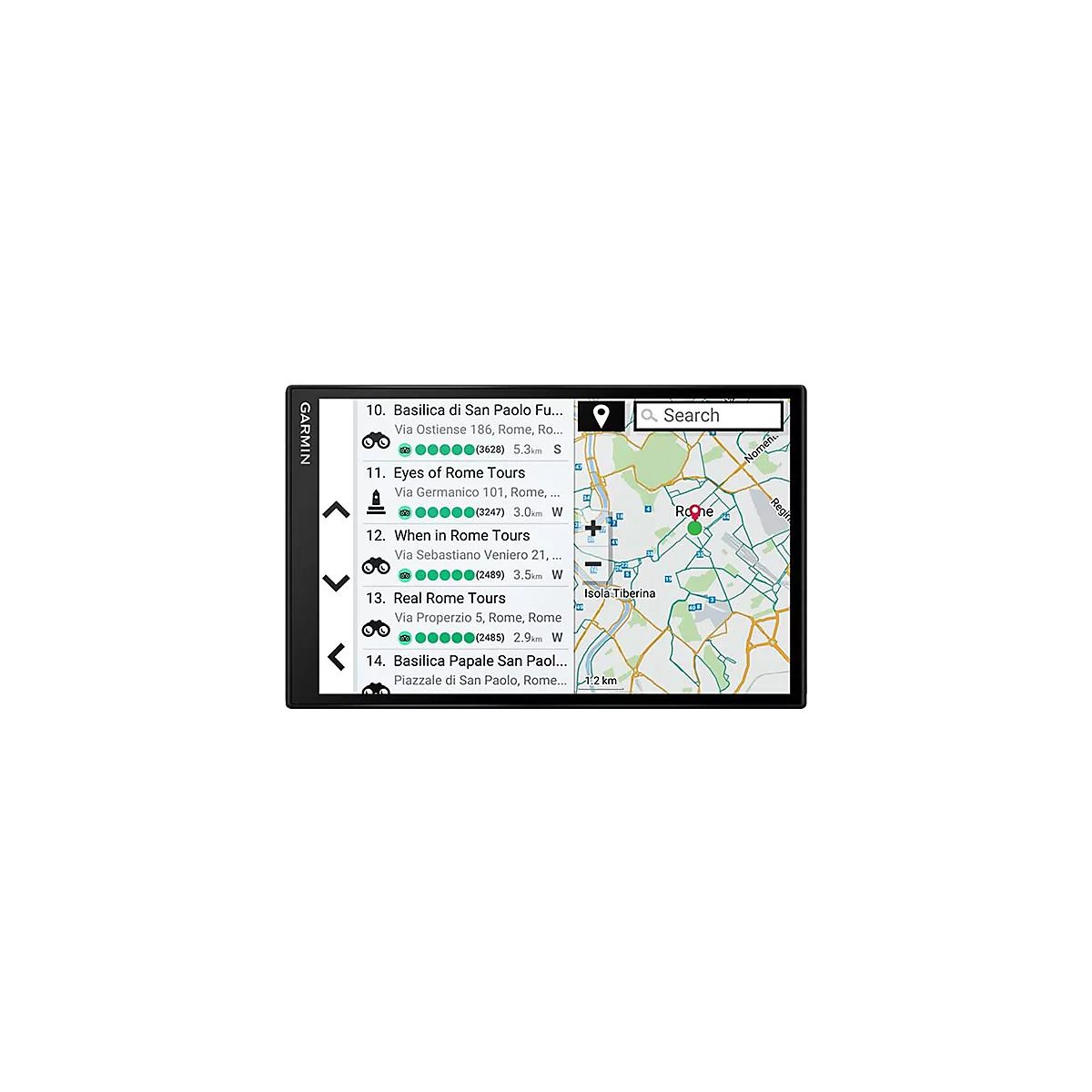 Ein Garmin Navigationsgerät zeigt eine Karte von Rom mit Sehenswürdigkeiten und Suchfunktion.