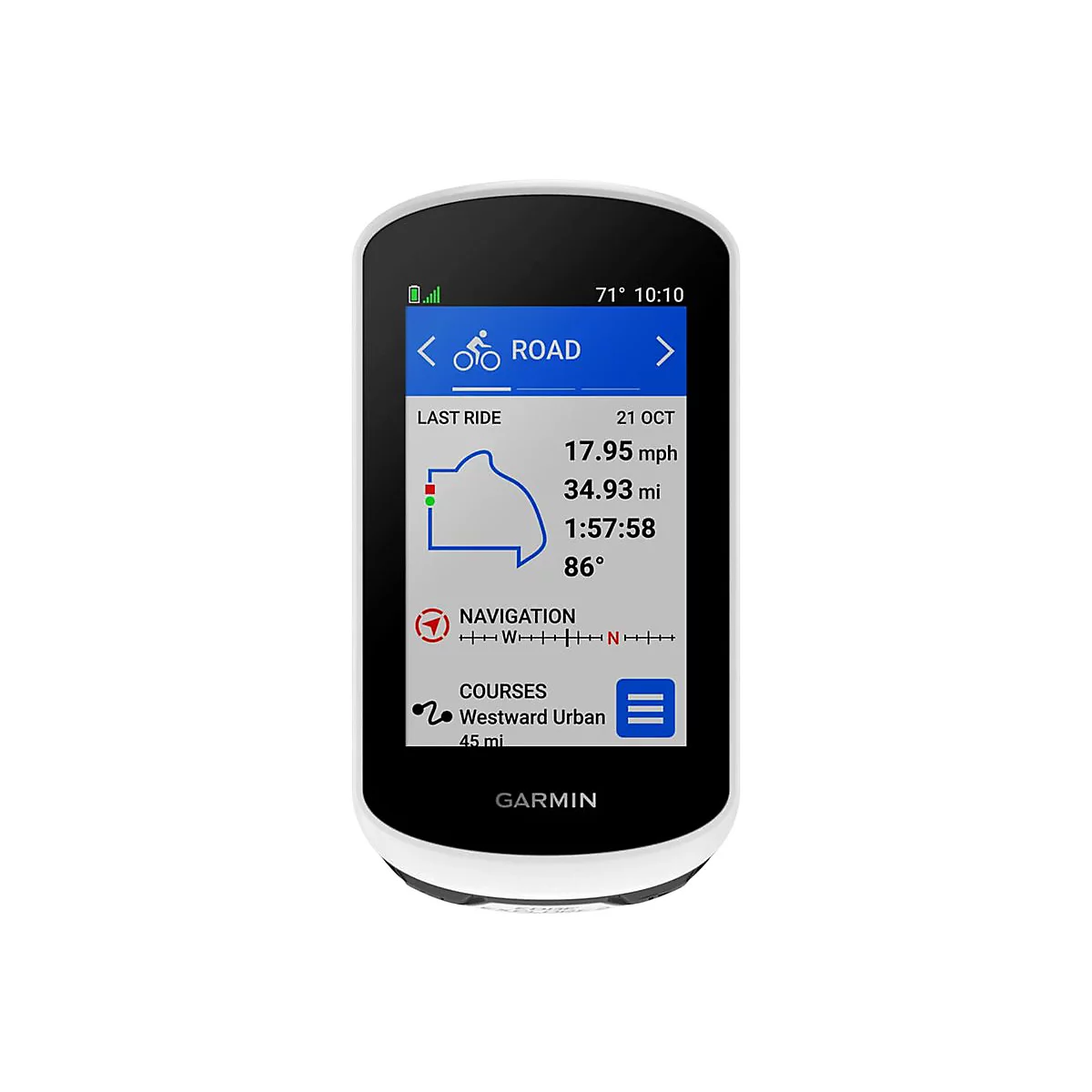 Schwarz-weiß Fahrradcomputer mit Display. Routenkarte, Geschwindigkeit und Distanz werden angezeigt.