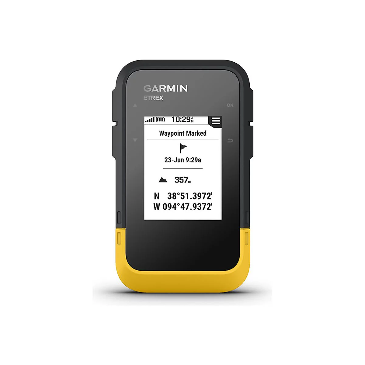 Ein schwarzes GPS-Gerät mit gelben Akzenten, das „Waypoints markiert“ anzeigt. Auf dem Bildschirm sind Koordinaten zu sehen.