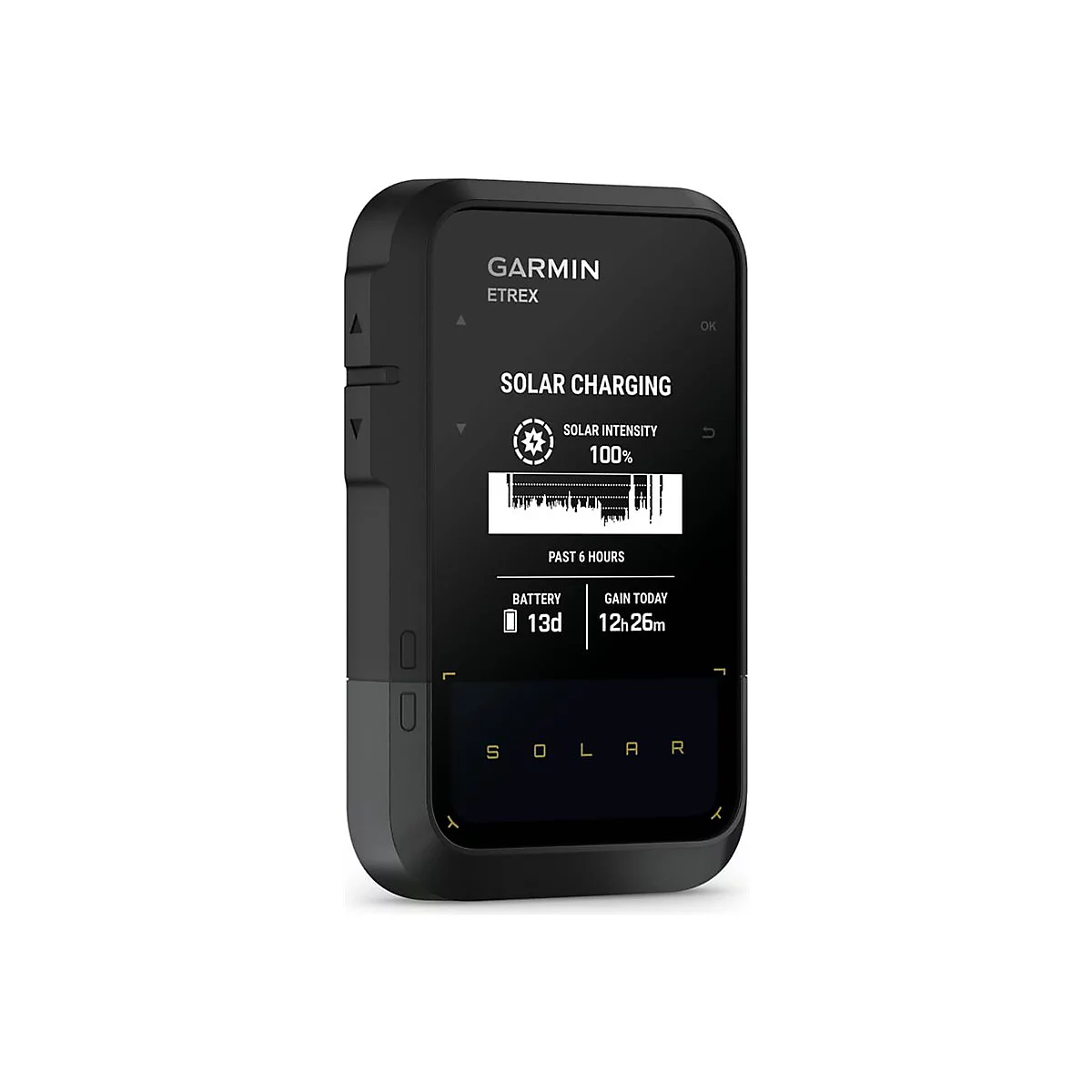 Schwarzes Garmin Etrex Solar Charging Gerät zeigt Ladezustand 100% und Akkustand von 13 Tagen.