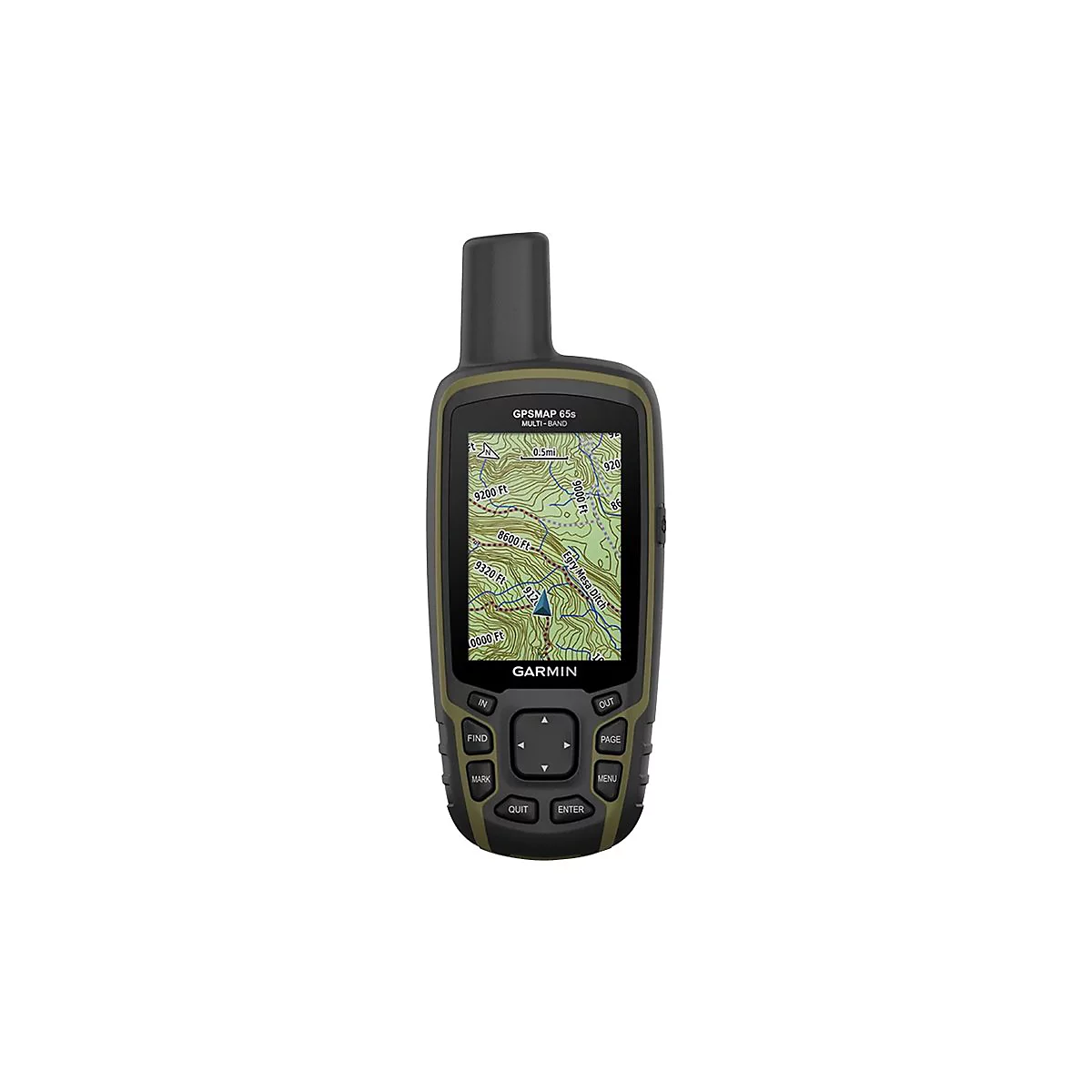 Ein Garmin GPSMAP 65s Navigationsgerät zeigt eine topografische Karte. Das Gerät ist olivgrün und hat mehrere Tasten.