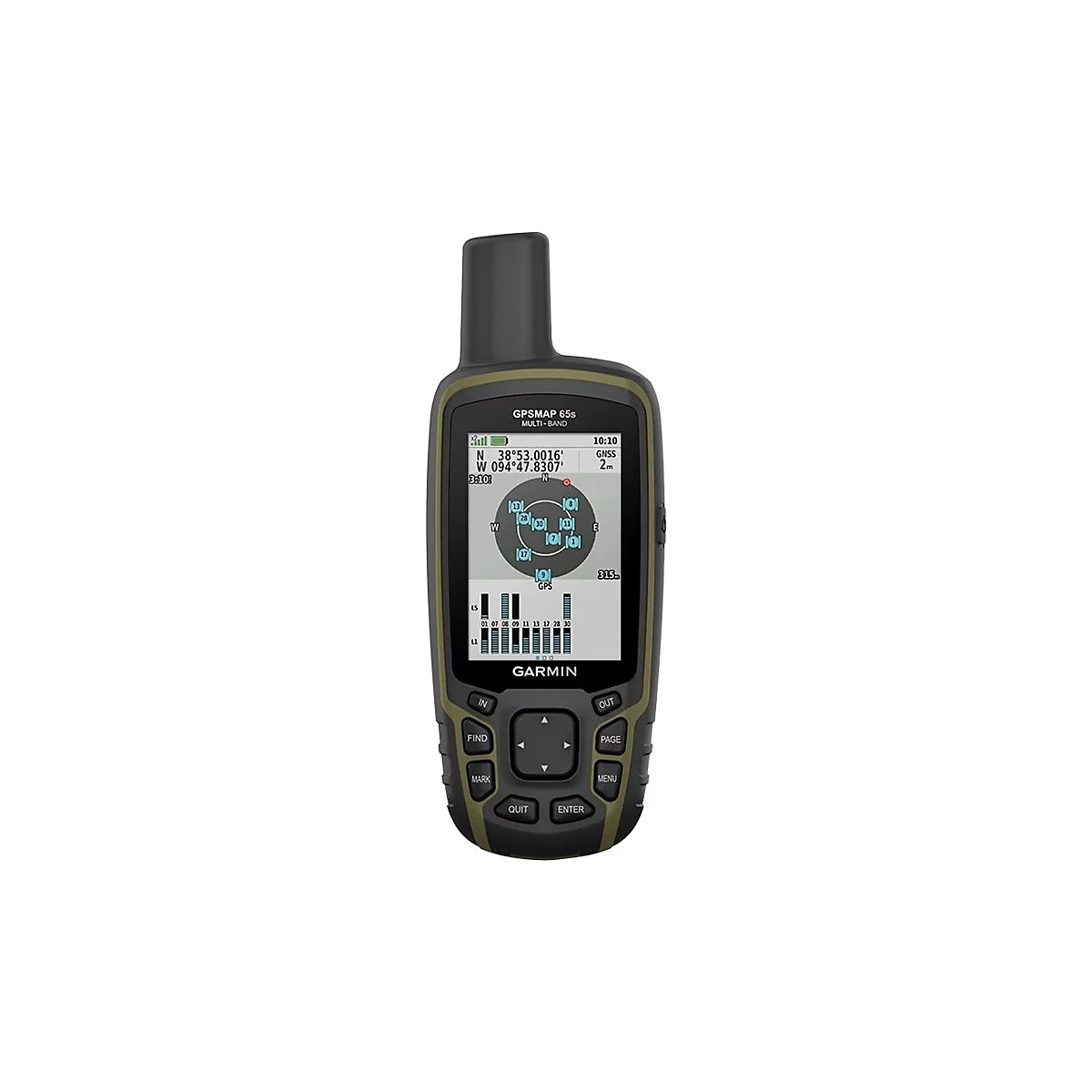 Ein Garmin GPSMAP 65s Navigationsgerät. Schwarzes Gehäuse, grüner Rand, Bildschirm mit Daten. Knöpfe: Finden, Markieren, Quit, In, Out, Seite, Menü, Enter.