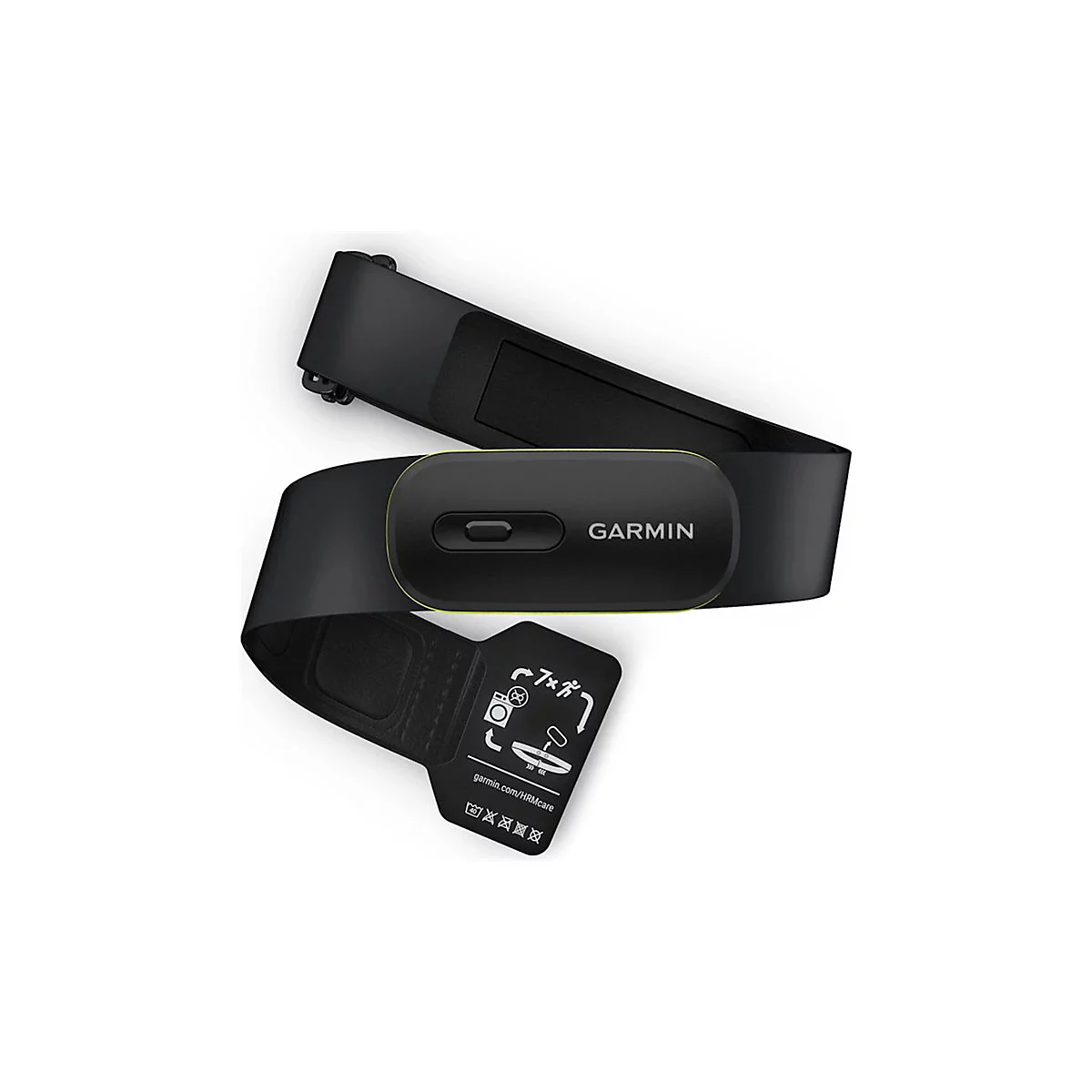 Schwarzer Garmin-Herzfrequenzsensor. Schwarzes Band mit grünem Rand, Garmin-Logo. Aufkleber mit Symbolen und Text.