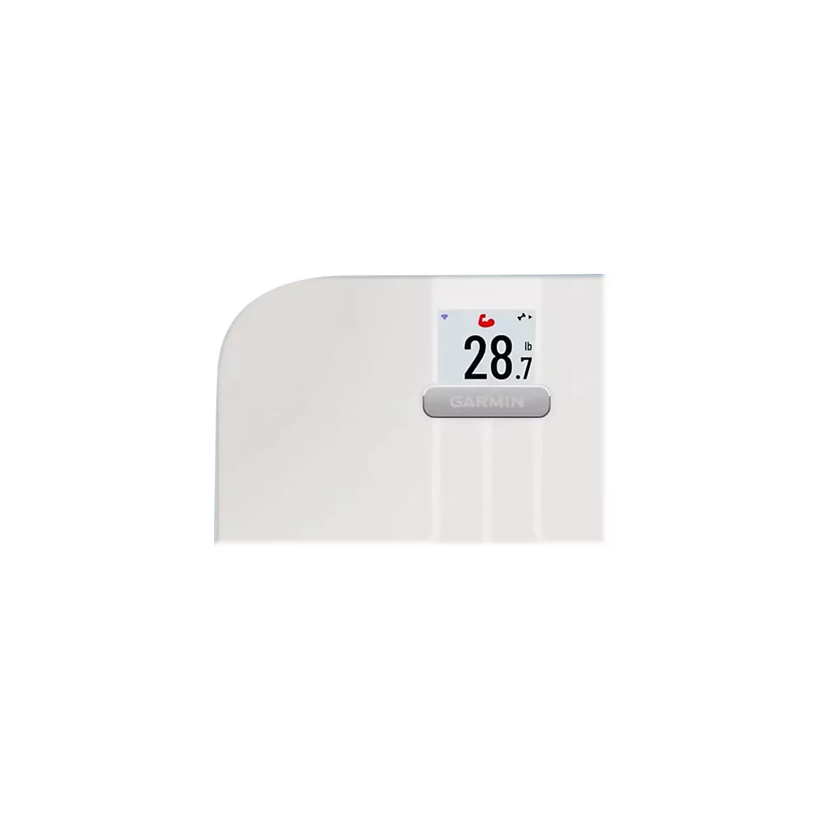 Nahaufnahme einer weißen Garmin-Waage mit Displayanzeige 28.7 lb und einem Bizeps-Symbol.