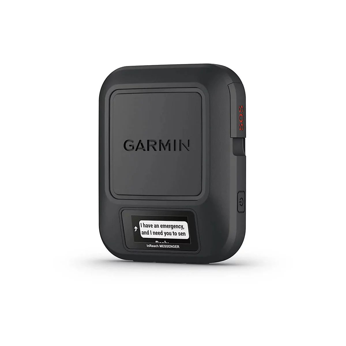 Schwarzes Garmin inReach Messenger Satelliten-Kommunikationsgerät mit SOS-Taste vor weißem Hintergrund.