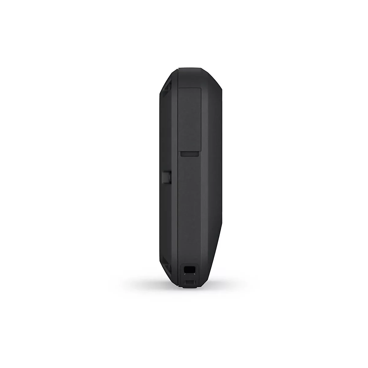 Seitenansicht eines schwarzen, robusten GPS-Handgeräts vor weißem Hintergrund.