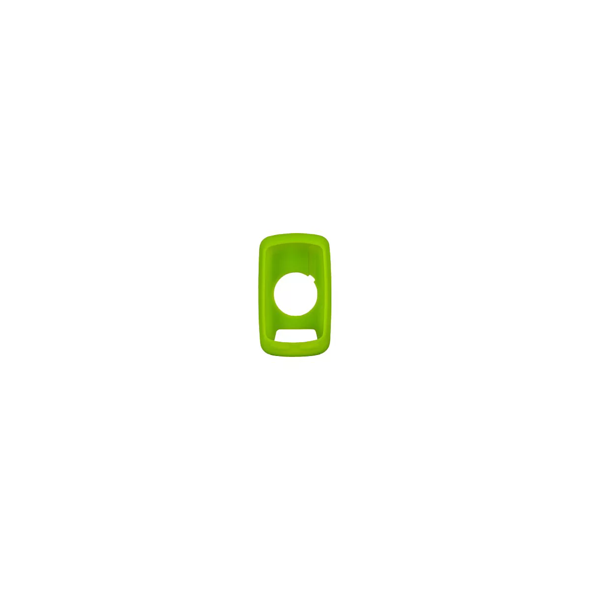 Hellgrüne Silikonhülle für ein Fahrrad-Navigationsgerät vor weißem Hintergrund.