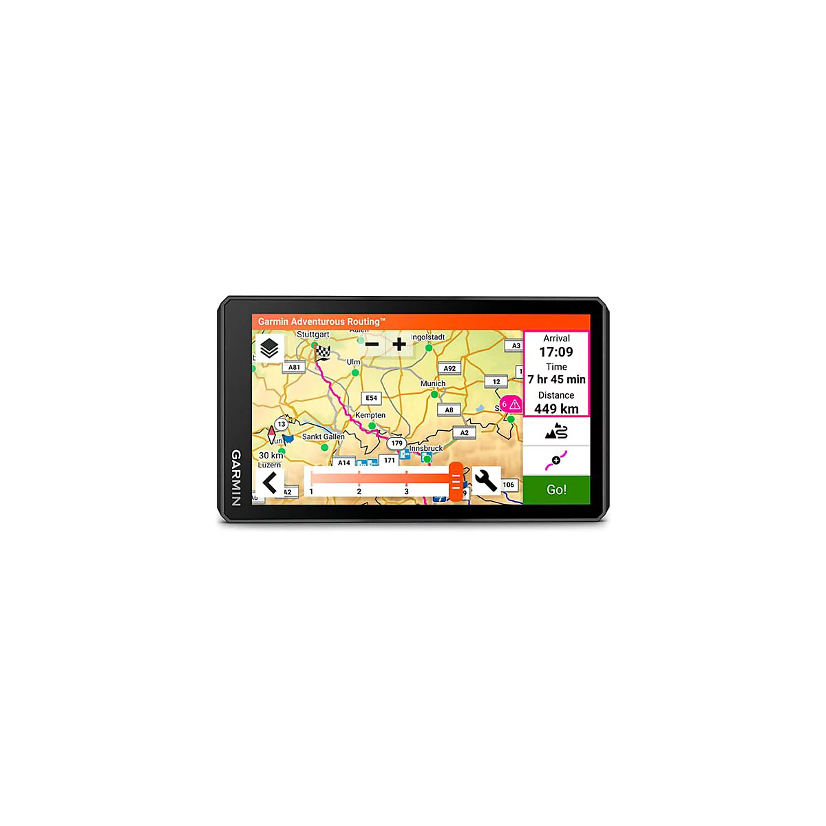 Garmin-Navigationsgerät mit aktiver Route auf der Karte, Ankunftszeit und Entfernung werden angezeigt.