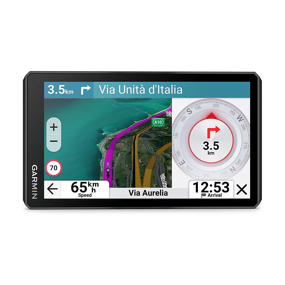 Schwarzes Garmin-Navigationsgerät mit Wegbeschreibung, Geschwindigkeit und Kompass. Auf dem Display: 3,5 km bis Via Unità d'Italia und aktuelle Geschwindigkeit.