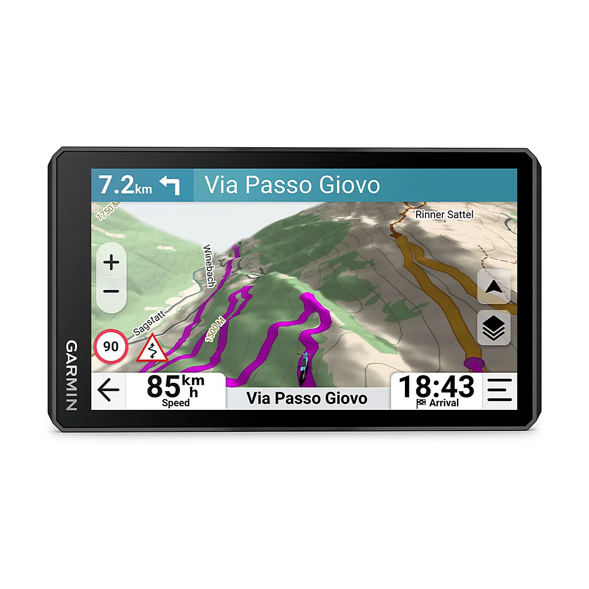 Ein Garmin-Navigationsgerät zeigt eine Karte mit Wegbeschreibung. Strecke: 7,2 km, Geschwindigkeit: 85 km/h, Ankunftszeit: 18:43.