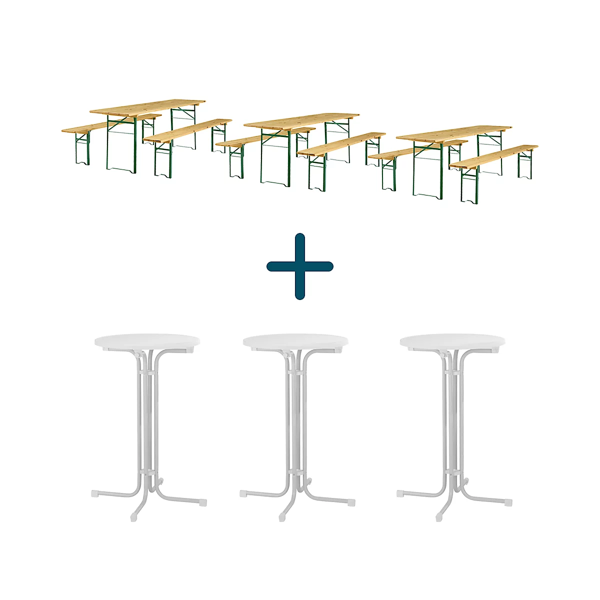 Trois ensembles de tables de bière et trois tables hautes, combinés avec un signe plus bleu.