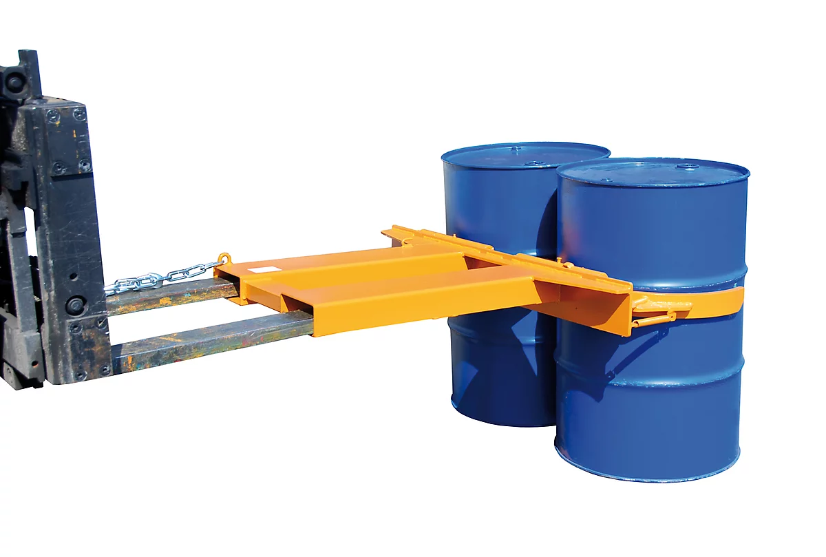 Garra para barriles BAUER FK-lI, acero, capacidad de carga 1000 kg, para barriles de 200 l, An 1230 x P 1320 x Al 165 mm, naranja