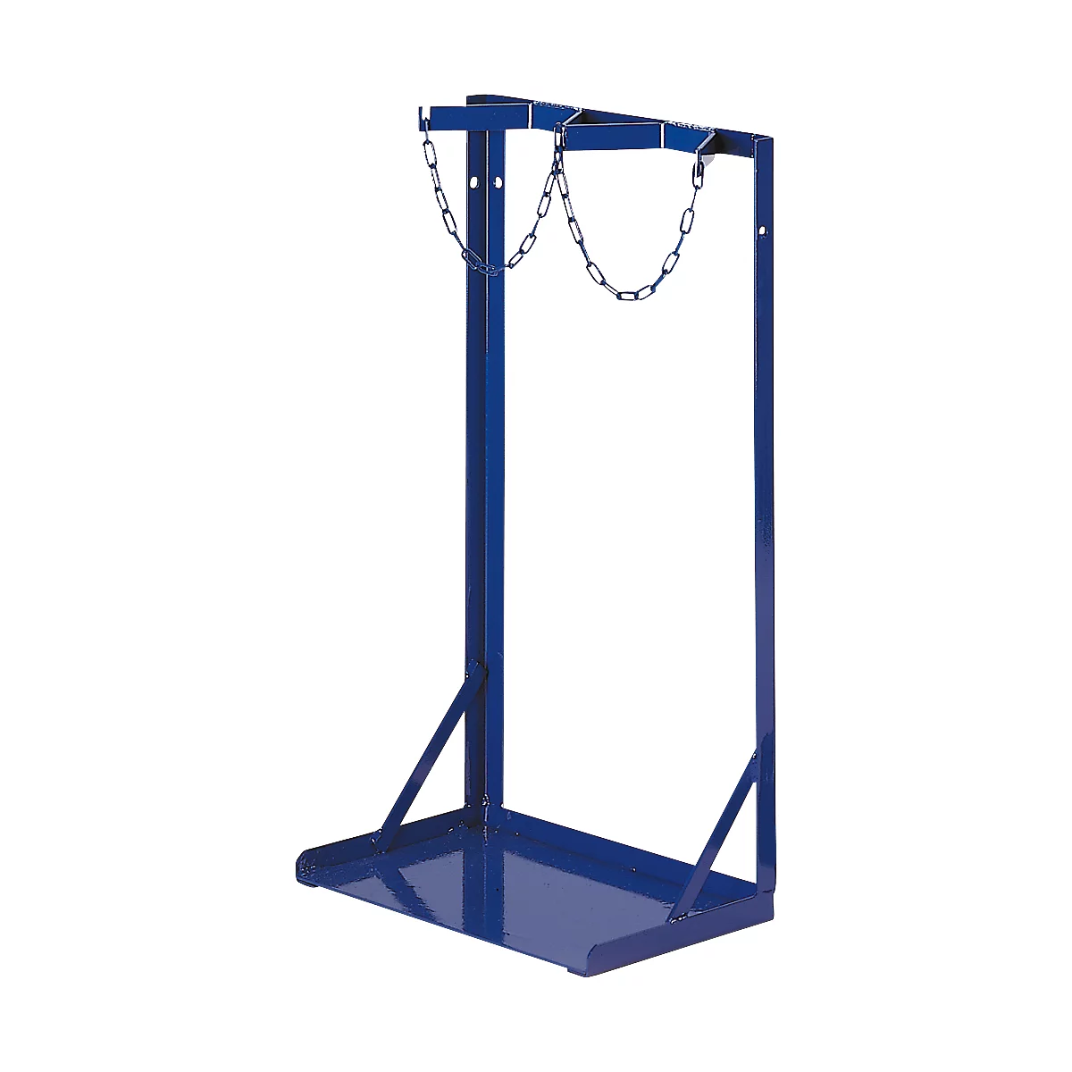 Blue gas cylinder holder with chain.