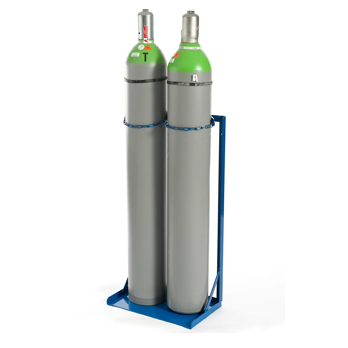 Two gray gas cylinders in a blue rack.