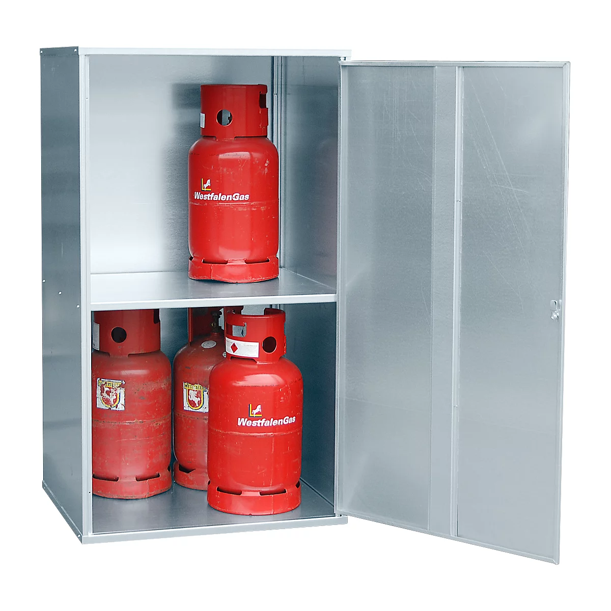 Metal cabinet with red gas cylinders. 'WestfalenGas' written on it. Cabinet door open.