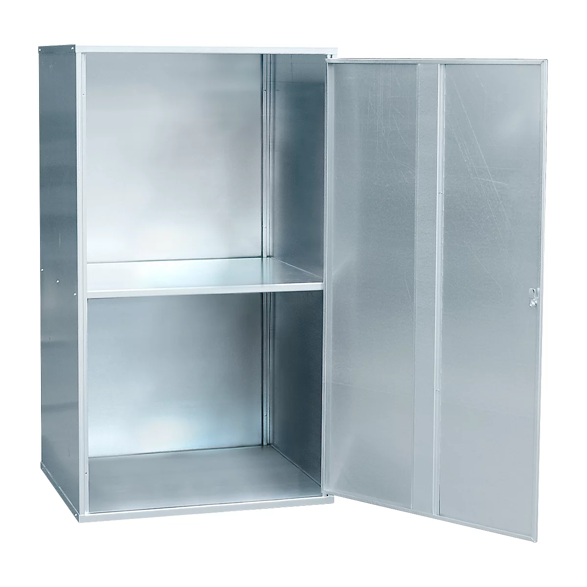 An open metal cabinet with two shelves. The door is half open.