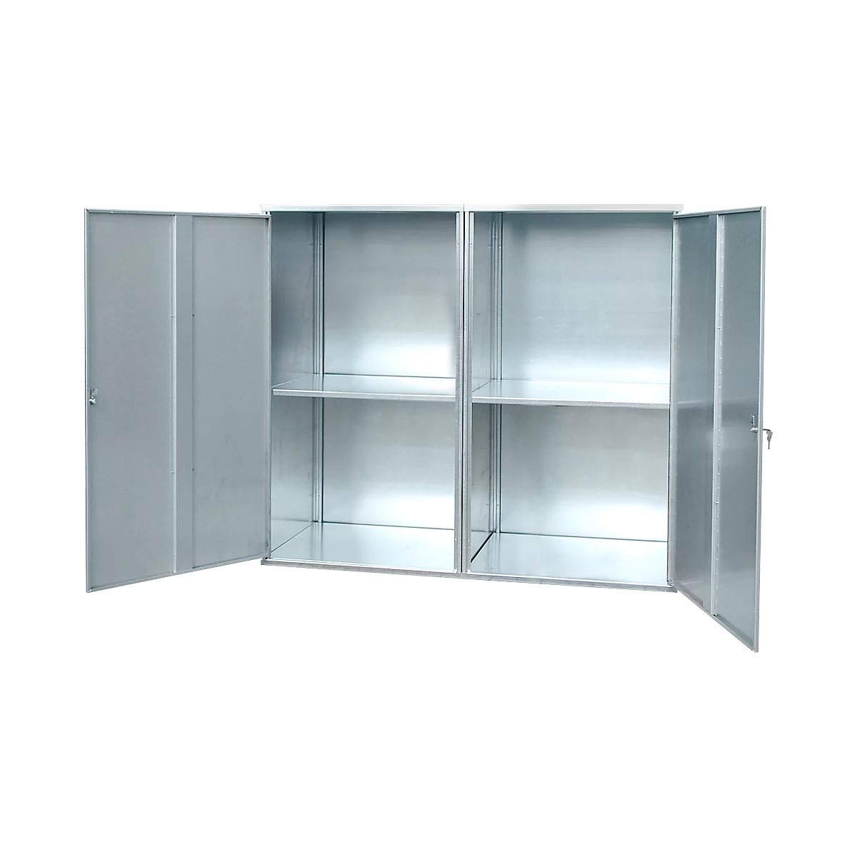 Open steel cabinet with two doors and shelves. The doors are open, the cabinet empty.