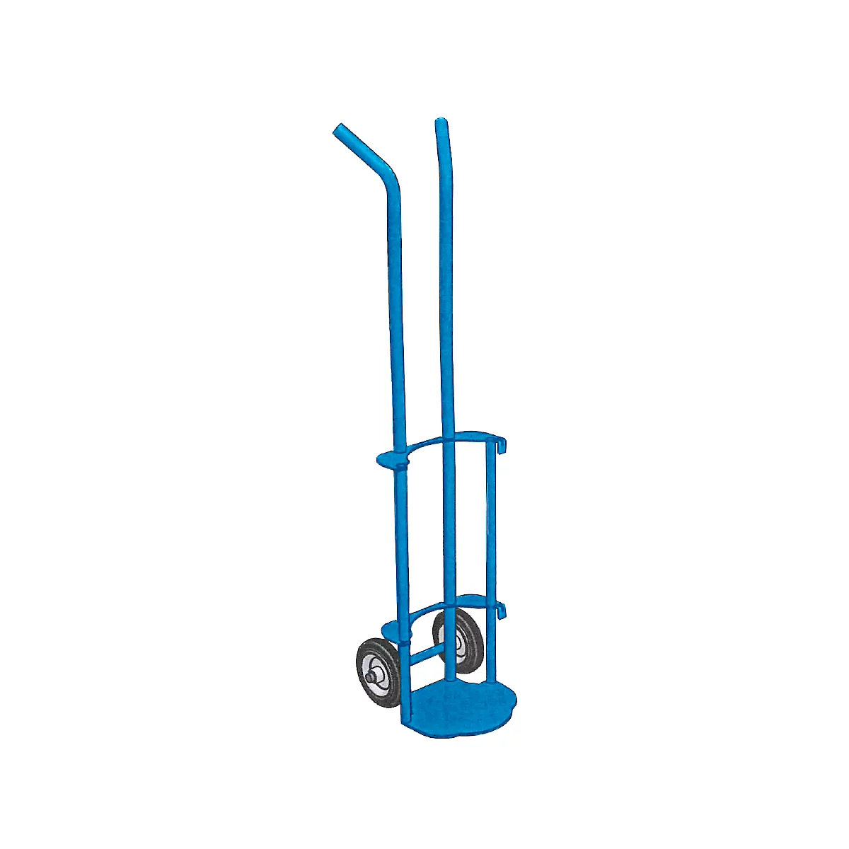 Blue hand truck frame with two wheels, bracket and handles.
