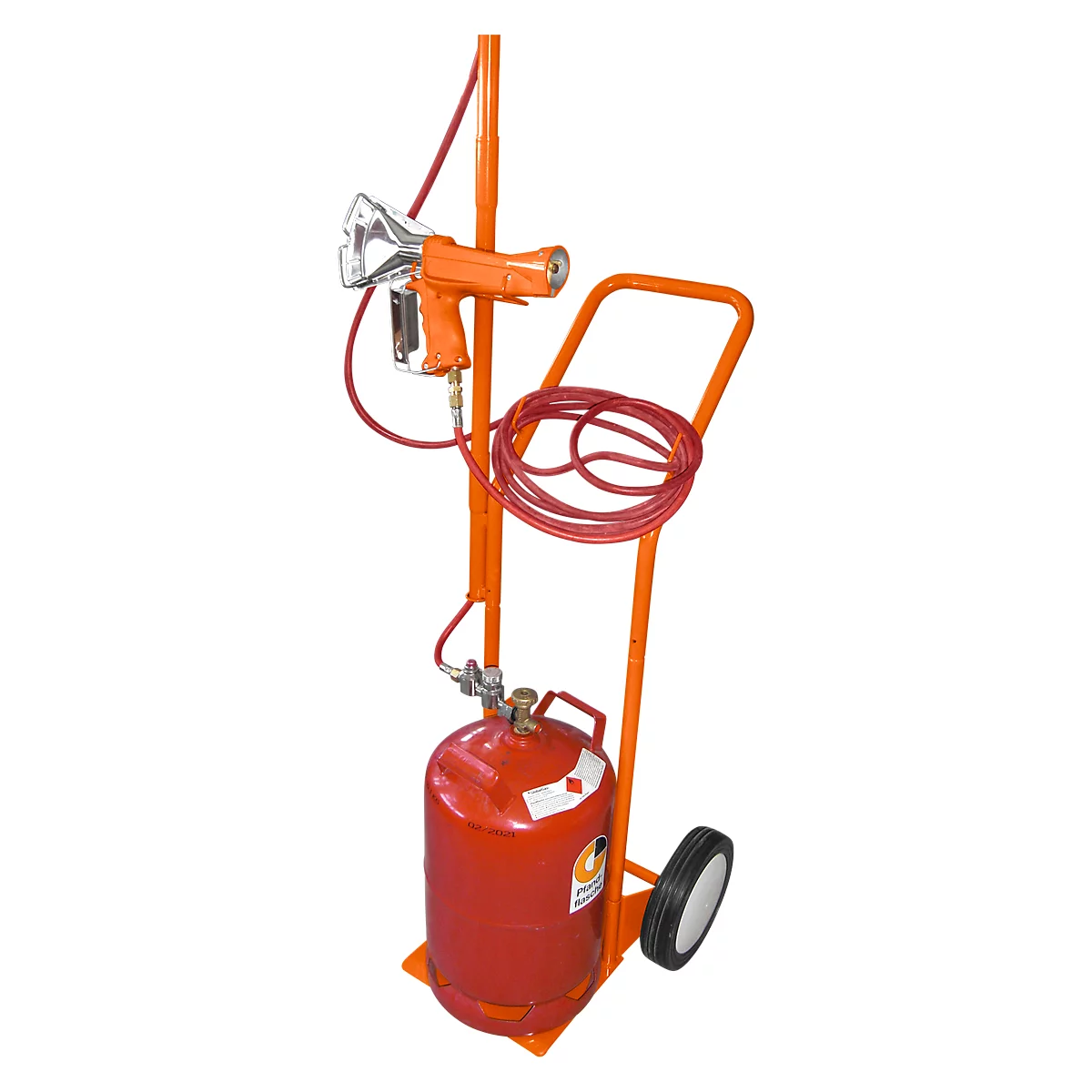 Orange painter on a trolley with red gas bottle, spray gun and hose.