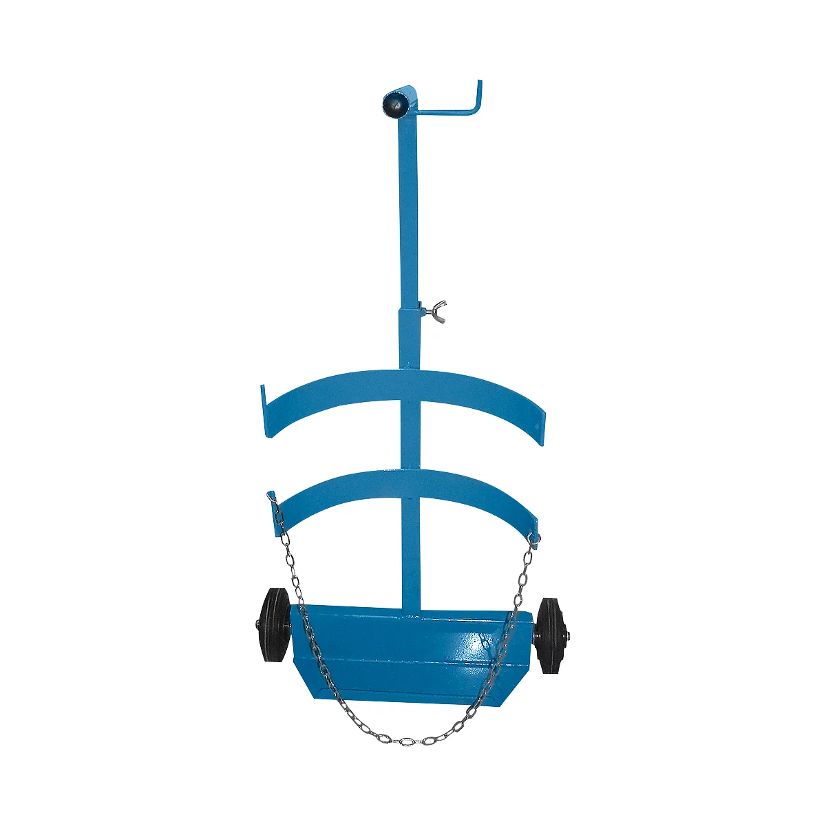 Blue barrel roller with two wheels and chain.