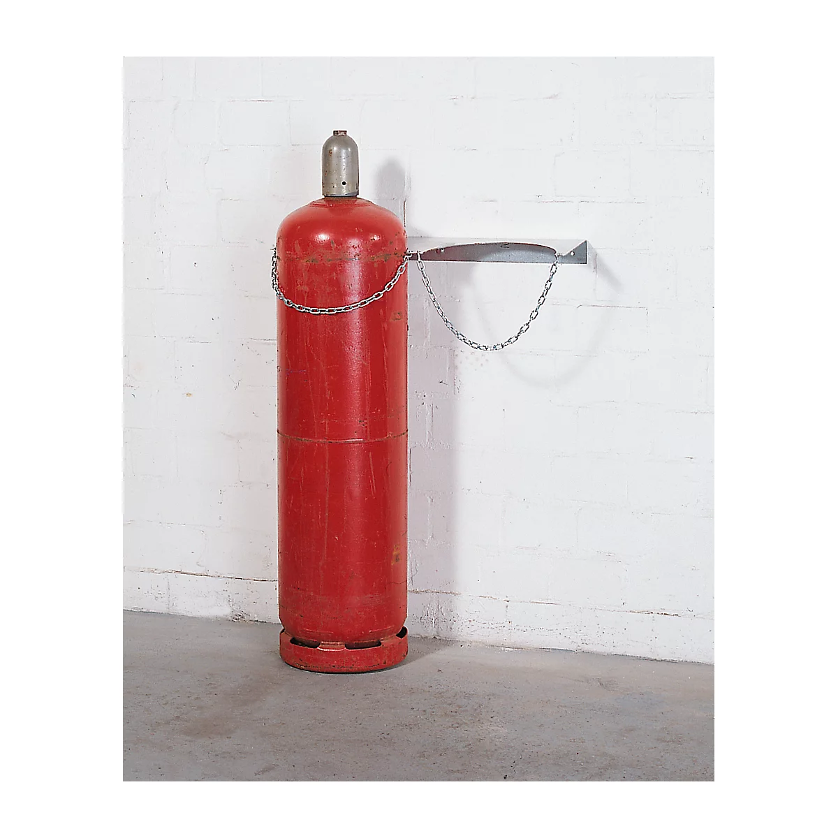 Gasflaschen-Wandhalterung, Stahl, B 745 x T 220 x H 60 mm, 2 Flaschen Ø 320 mm, mit Kettensicherung