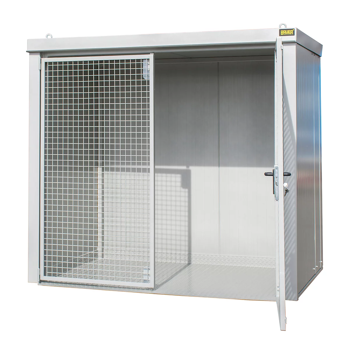 Gasflaschencontainer BAUER GFC-B M3, B 1570 x T 2425 x H 2265, für 45 Gasflaschen, feuerbeständig, abschließbar, weiß