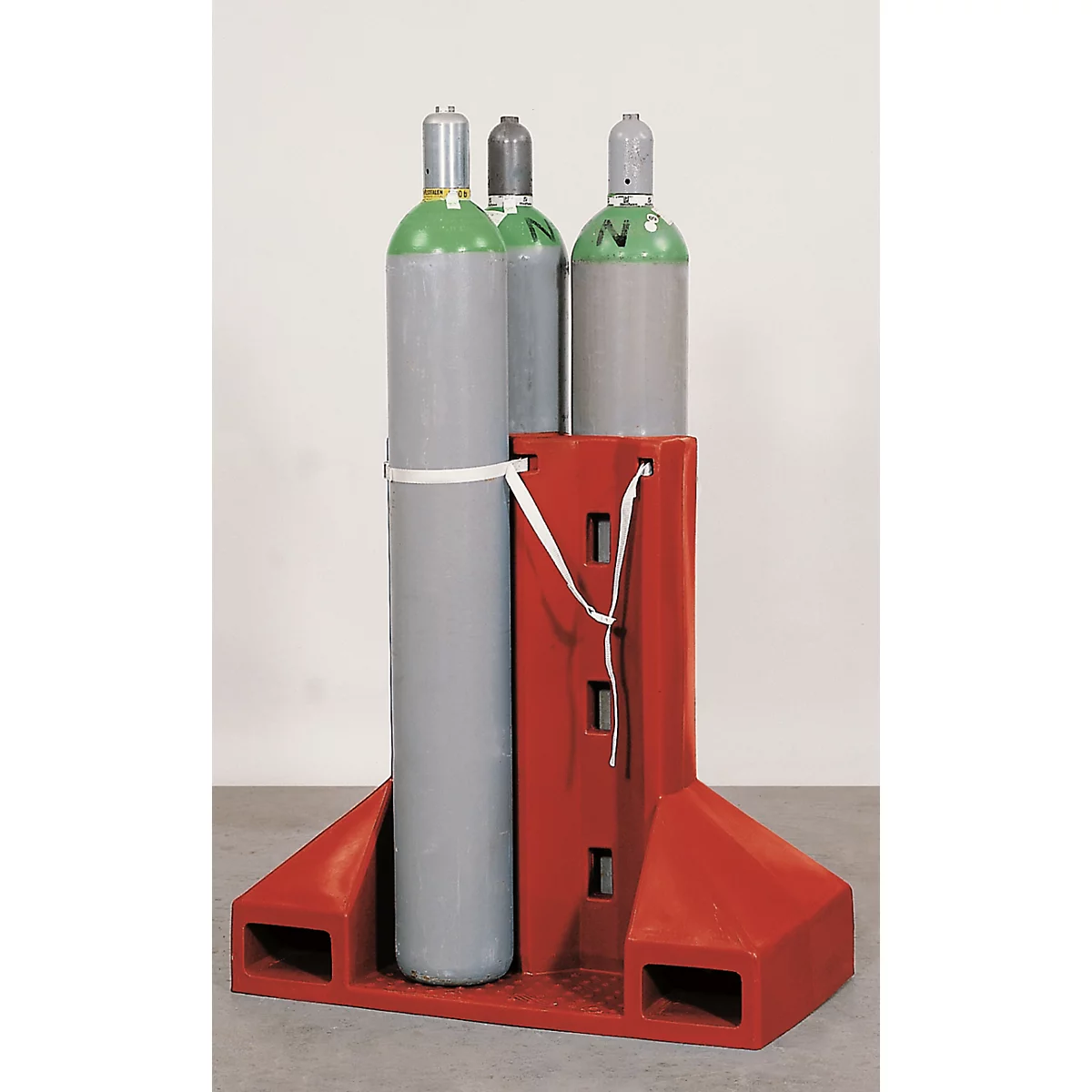 Gasflessen transportrek, polyethyleen, B 1120 x D 600 x H 1100 mm, tot 320 kg, 4 cilinders Ø 230 mm, met vorkheftruckkokers