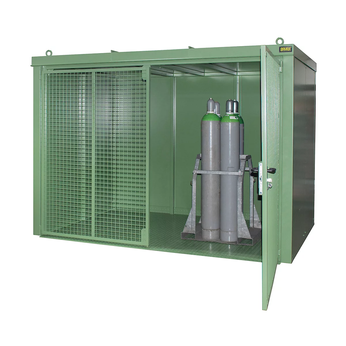 Gasflessencontainer BAUER GFC-B M5, B 2175 x D 3125 x H 2270, voor 96 gasflessen, brandwerend, afsluitbaar, groen