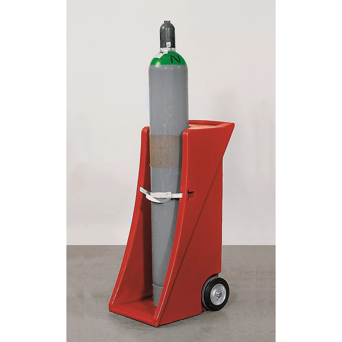 Gasflessenwagen, polyethyleen, B 495 x D 627 x H 1110 mm, tot 80 kg, 1 cilinder Ø 320 mm, spanband voor cilinderborging
