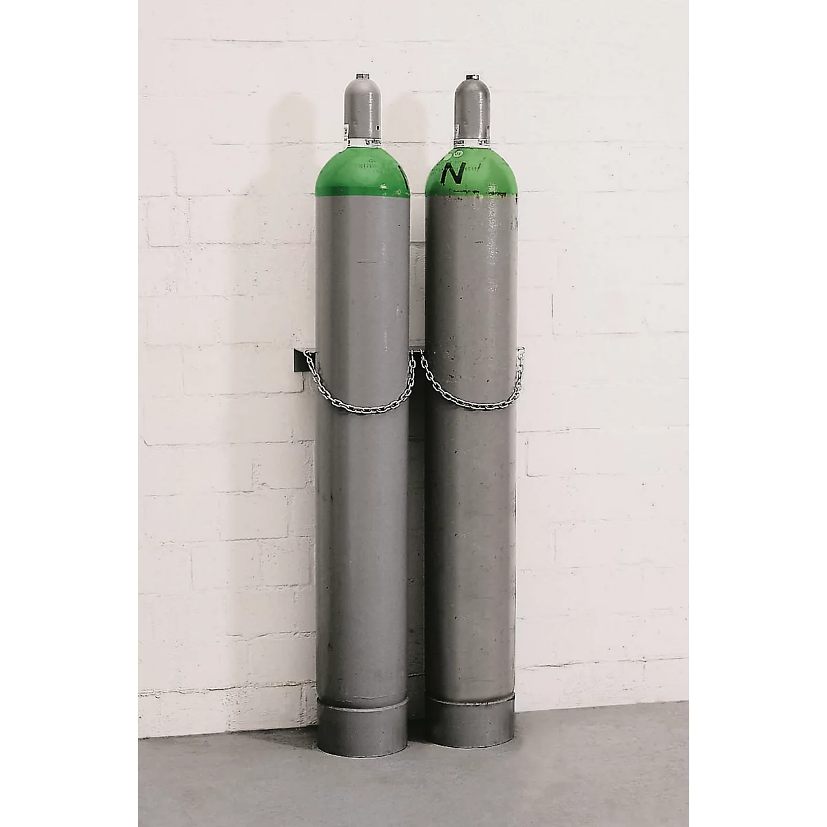 Gasflessenwandhouder, staal, B 560 x D 175 x H 60 mm, 2 flessen Ø 230 mm, met kettingslot
