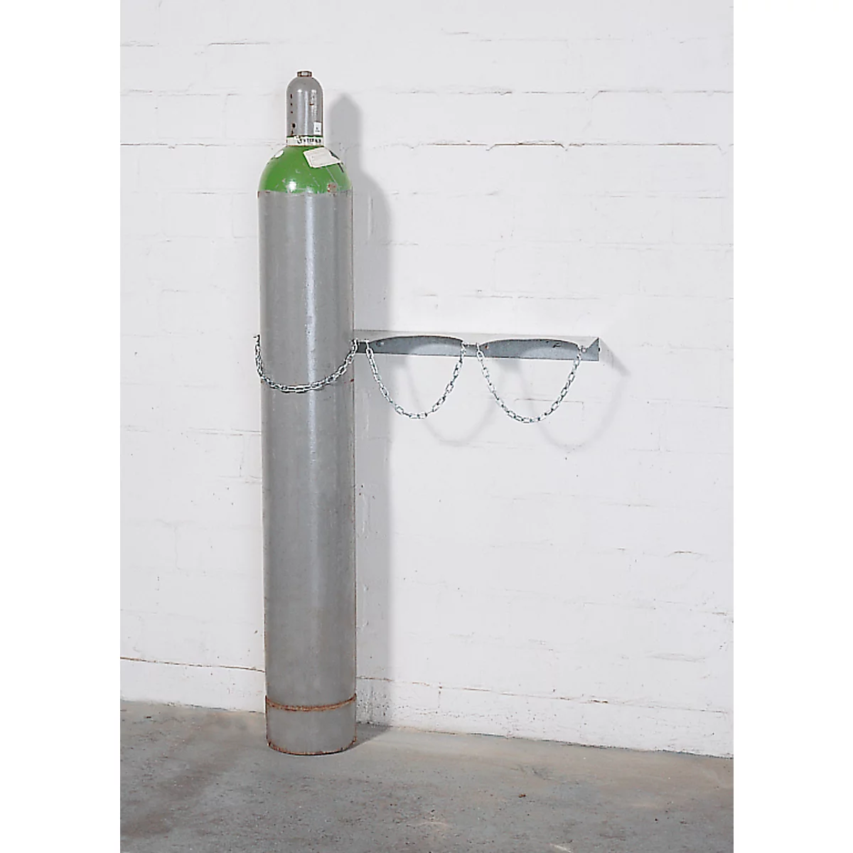 Gasflessenwandhouder, staal, B 840 x D 175 x H 60 mm, 3 flessen Ø 230 mm, met kettingslot