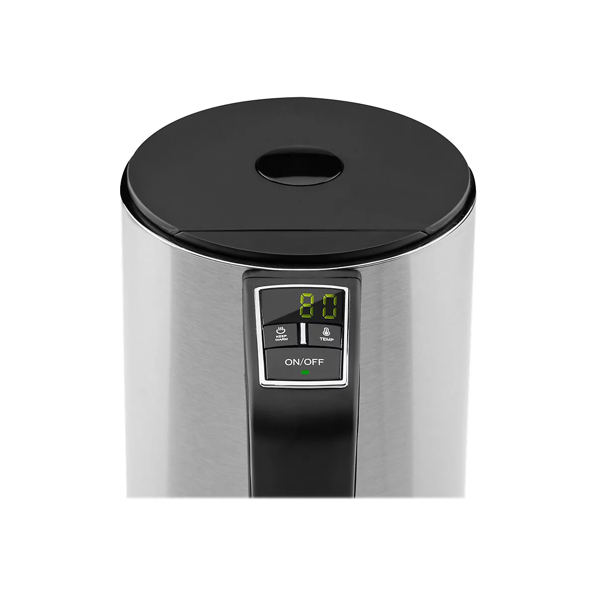 Nahaufnahme des oberen Bereichs eines Wasserkochers aus Edelstahl mit digitalem Display und Bedienknöpfen.