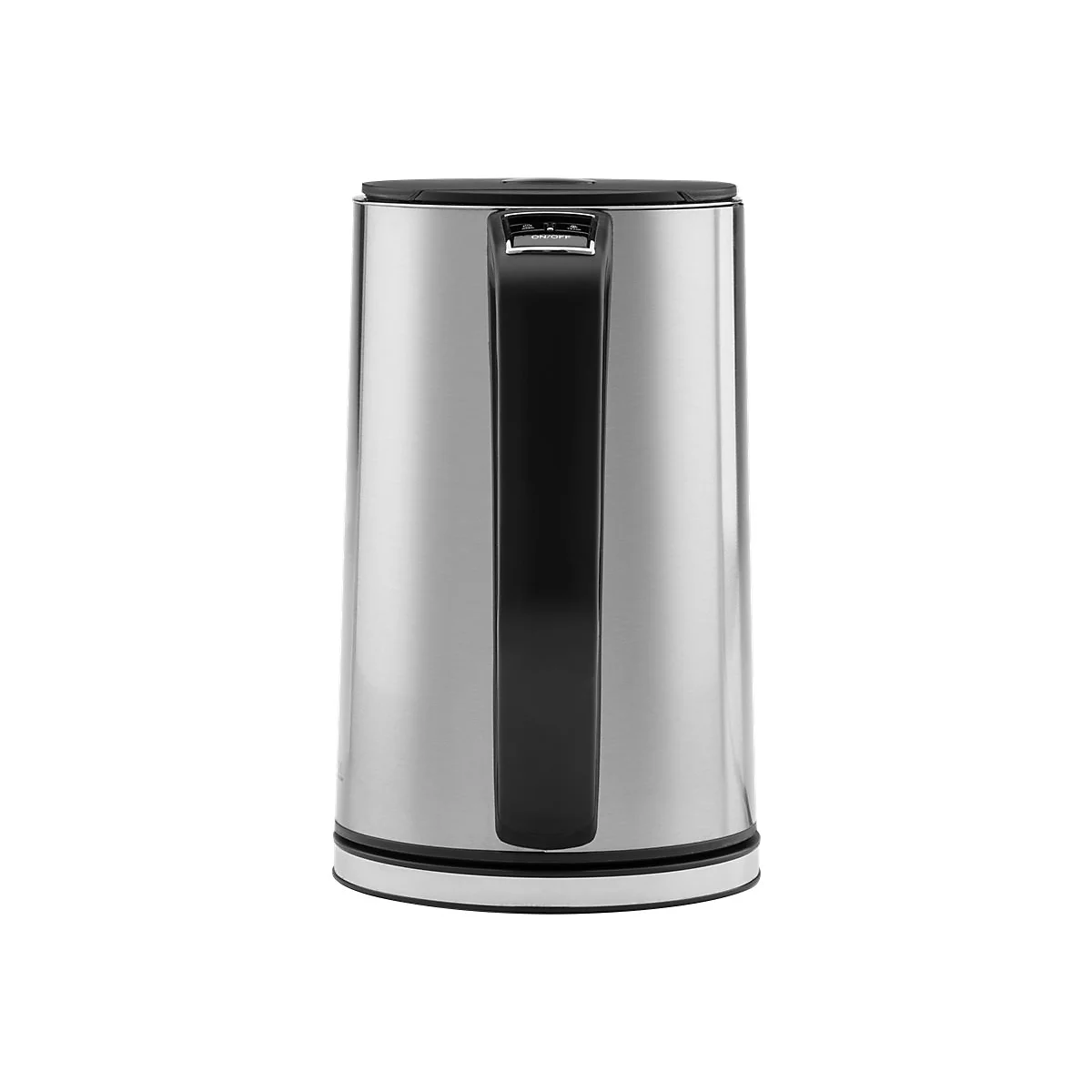 Elektrischer Wasserkocher aus Edelstahl mit schwarzem Griff und Ein-Aus-Schalter oben.