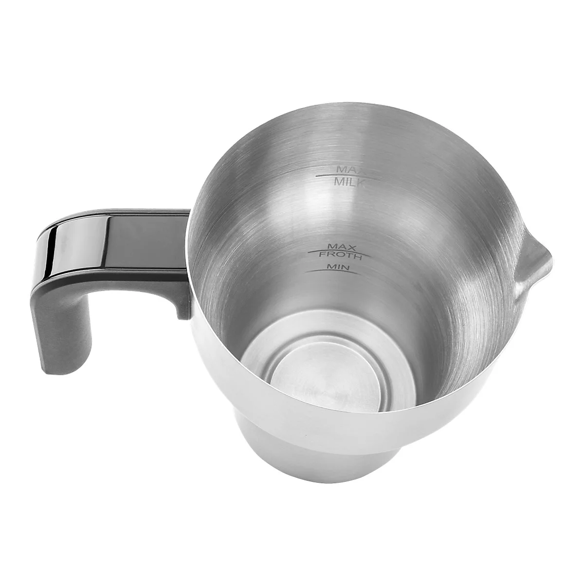 Innenansicht eines Edelstahl-Milchaufschäumers mit Füllstandsanzeigen für Milch und Milchschaum.