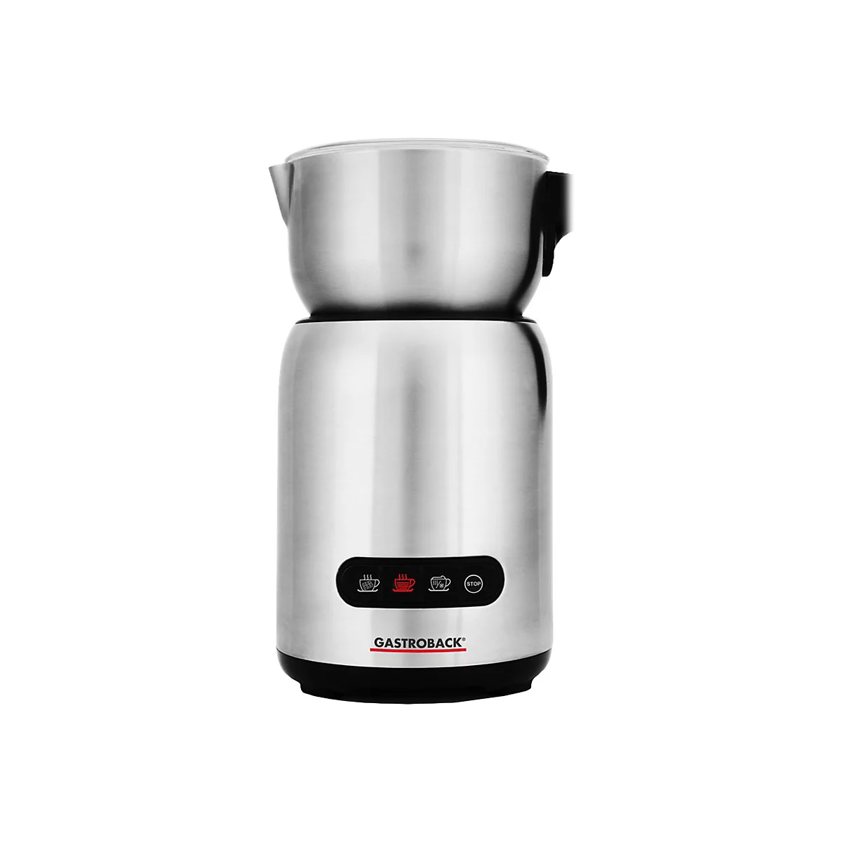 Edelstahl-Milchaufschäumer von Gastroback mit Bedienfeld und vier Tasten vor weißem Hintergrund.