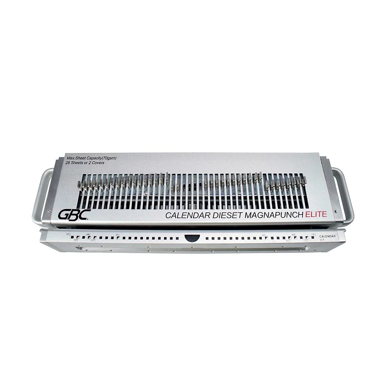 Eine silberne GBC Calendar Dieset Magnapunch Elite Maschine mit Griffen.
