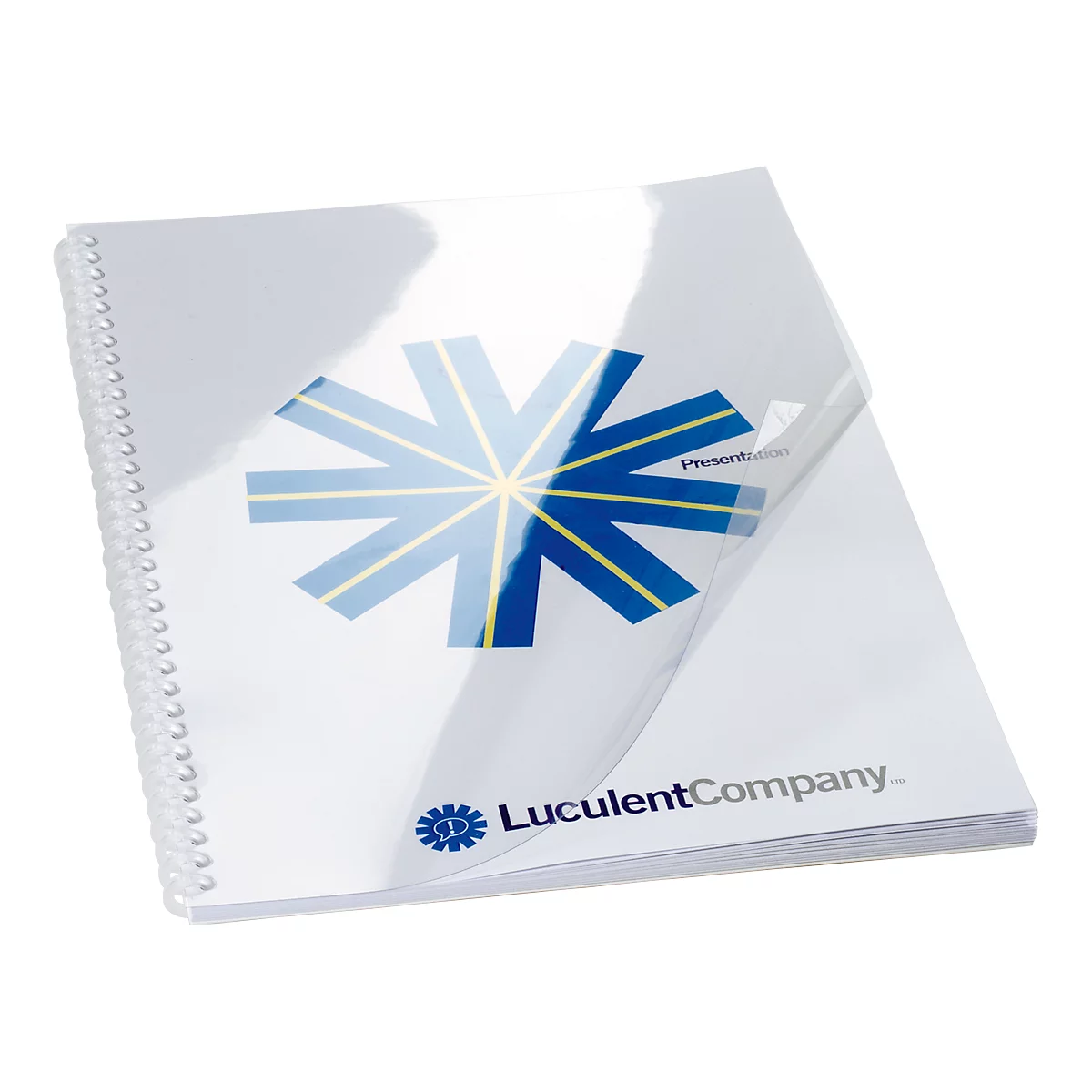 Spiralgebundenes Notizbuch mit transparentem Deckblatt, darauf Logo und Firmenname.
