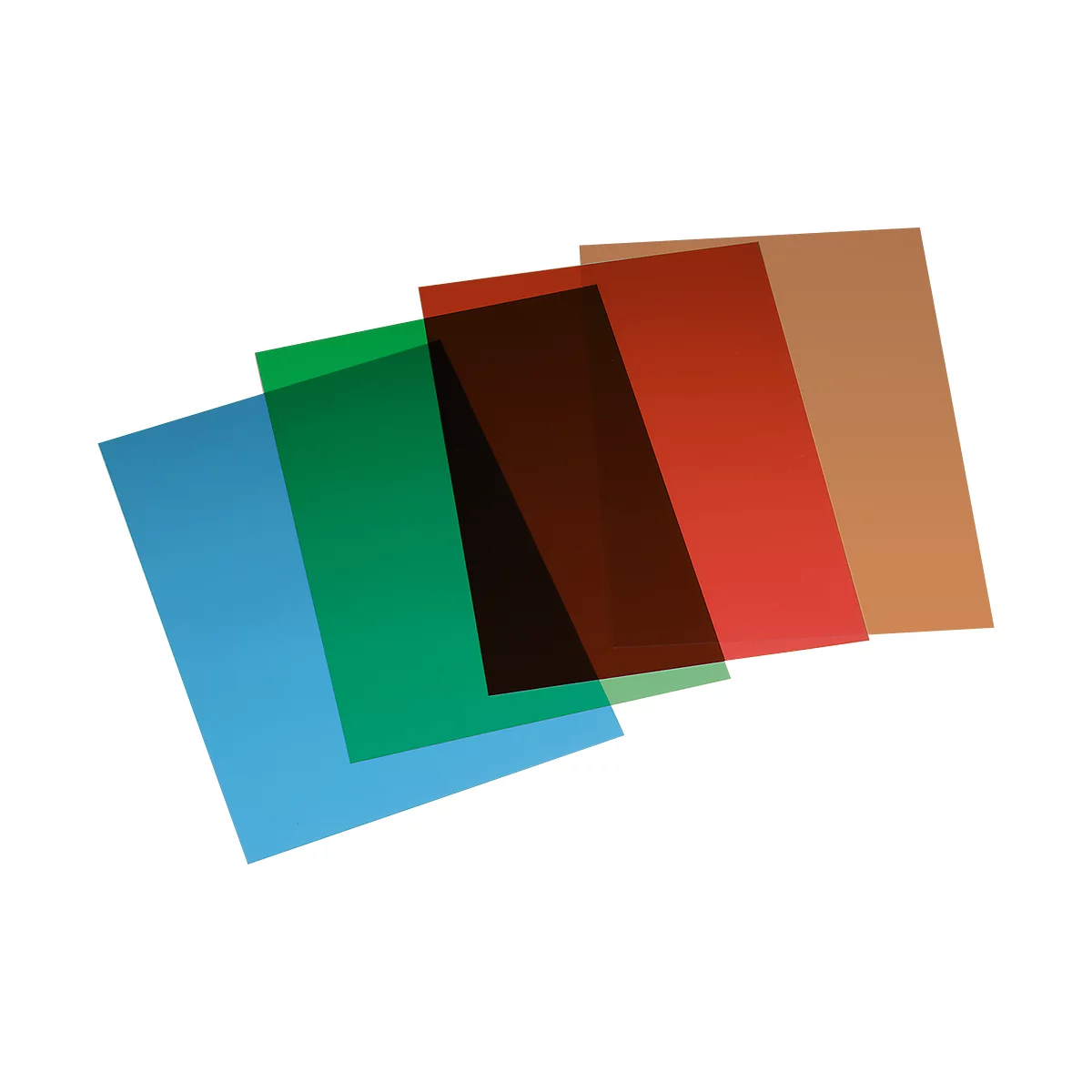 Überlappende, transparente Farbfilter in Blau, Grün, Dunkelbraun, Rot und Beige.