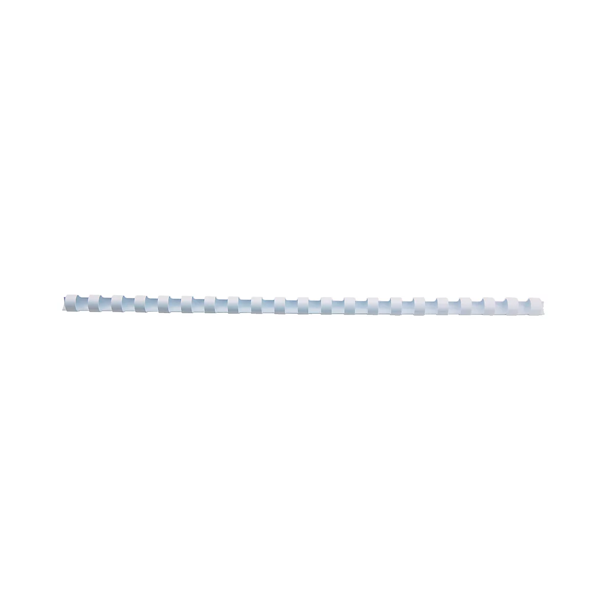 A white, elongated binding rail with rectangular recesses.