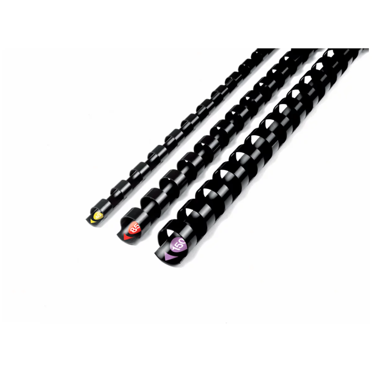 Three black spiral bindings lying diagonally on a white background. Two have colored markings with numbers, the third yellow.