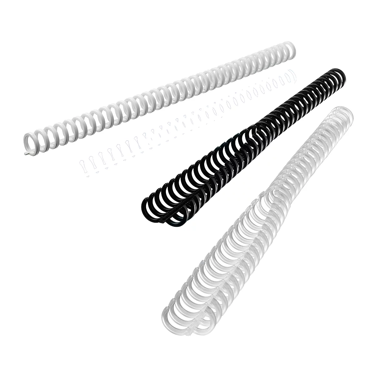 Drie spiraalbindingen: wit, zwart en transparant. De spiralen zijn diagonaal op de voorgrond geplaatst.