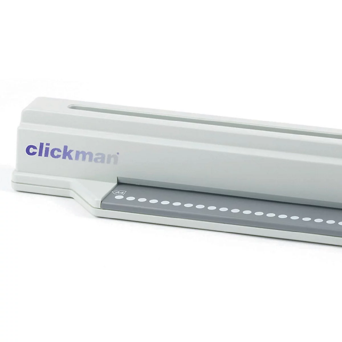 Grijs 'Clickman'-apparaat met belettering, met een rij witte stippen eronder.