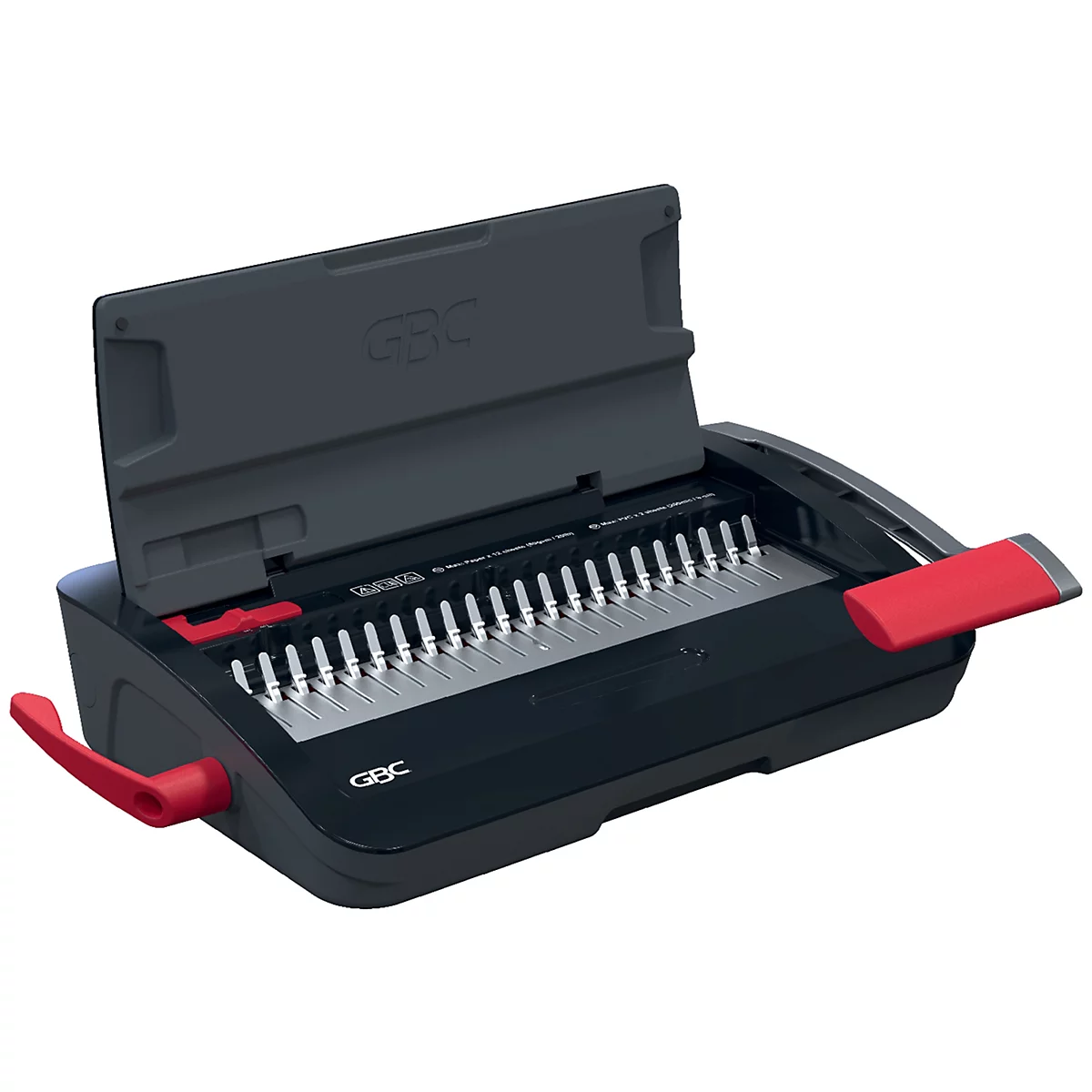 Schwarzes GBC-Bindegerät mit geöffnetem Deckel. Rote Hebel und Akzente. Silberne Stifte zum Binden.