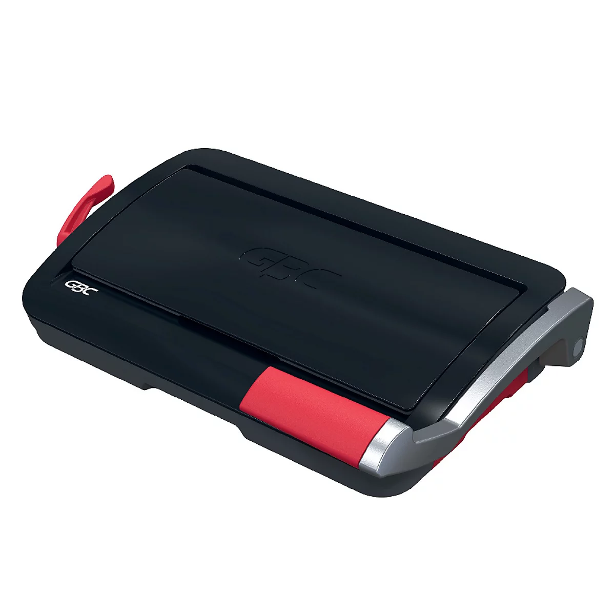 Laminateur noir avec poignée rouge et logo GBC. Sur fond blanc.