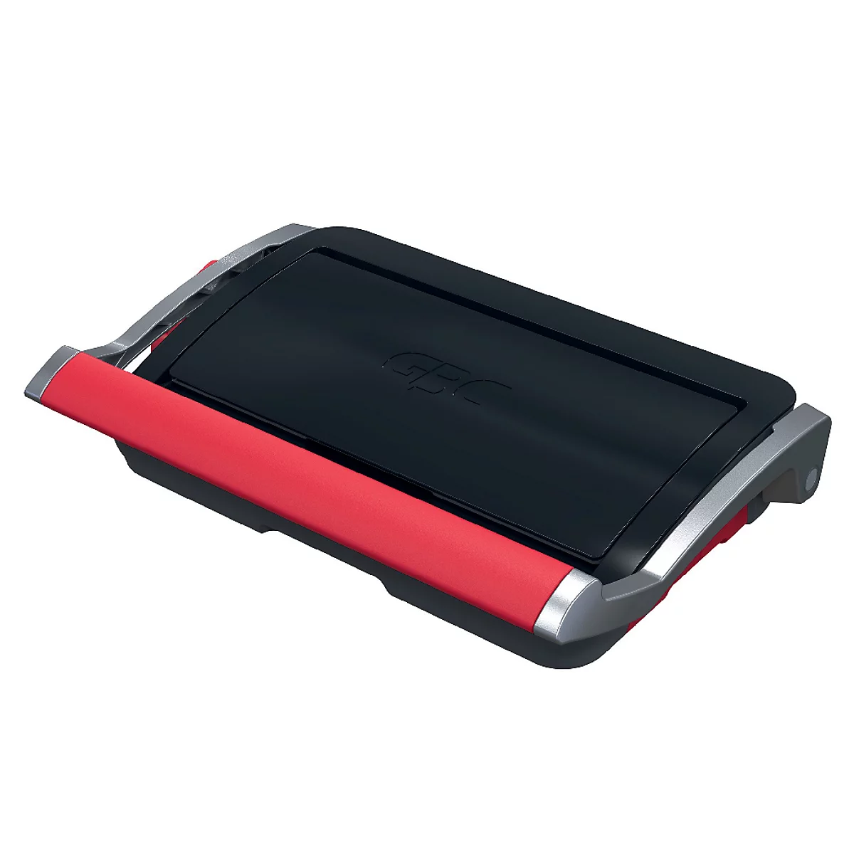 Zwarte contactgrill met rode handgreep, zilveren elementen en de inscriptie "GGC".