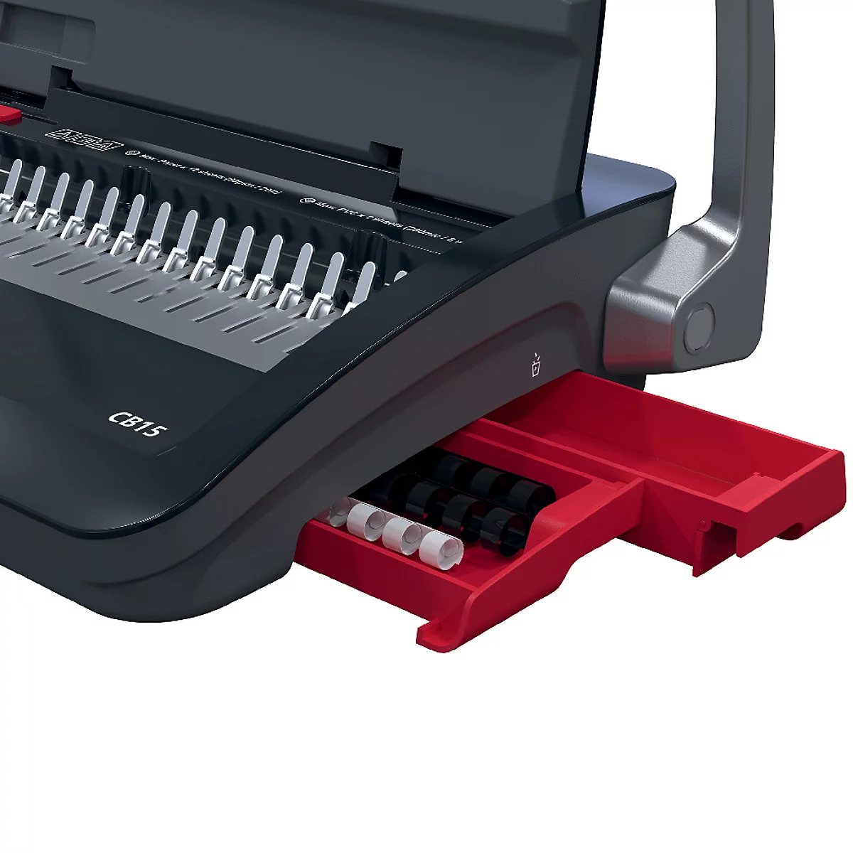 Detailaufnahme einer schwarzen Bindemaschine mit roter Schublade, gefüllt mit schwarzen und weißen Ringen.
