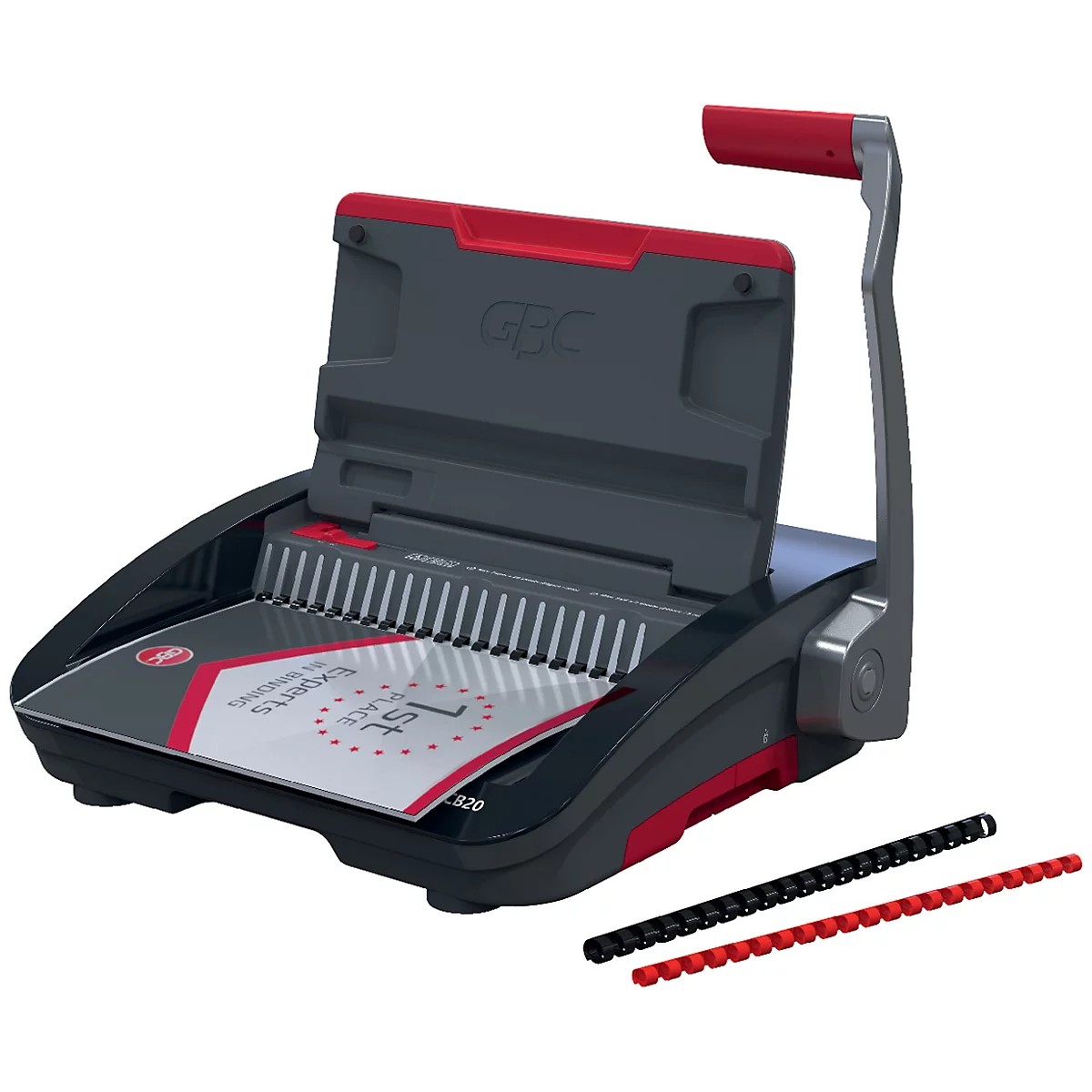 Zwarte en rode GBC-bindmachine met de klep open en papier erin. Bindringen ernaast.