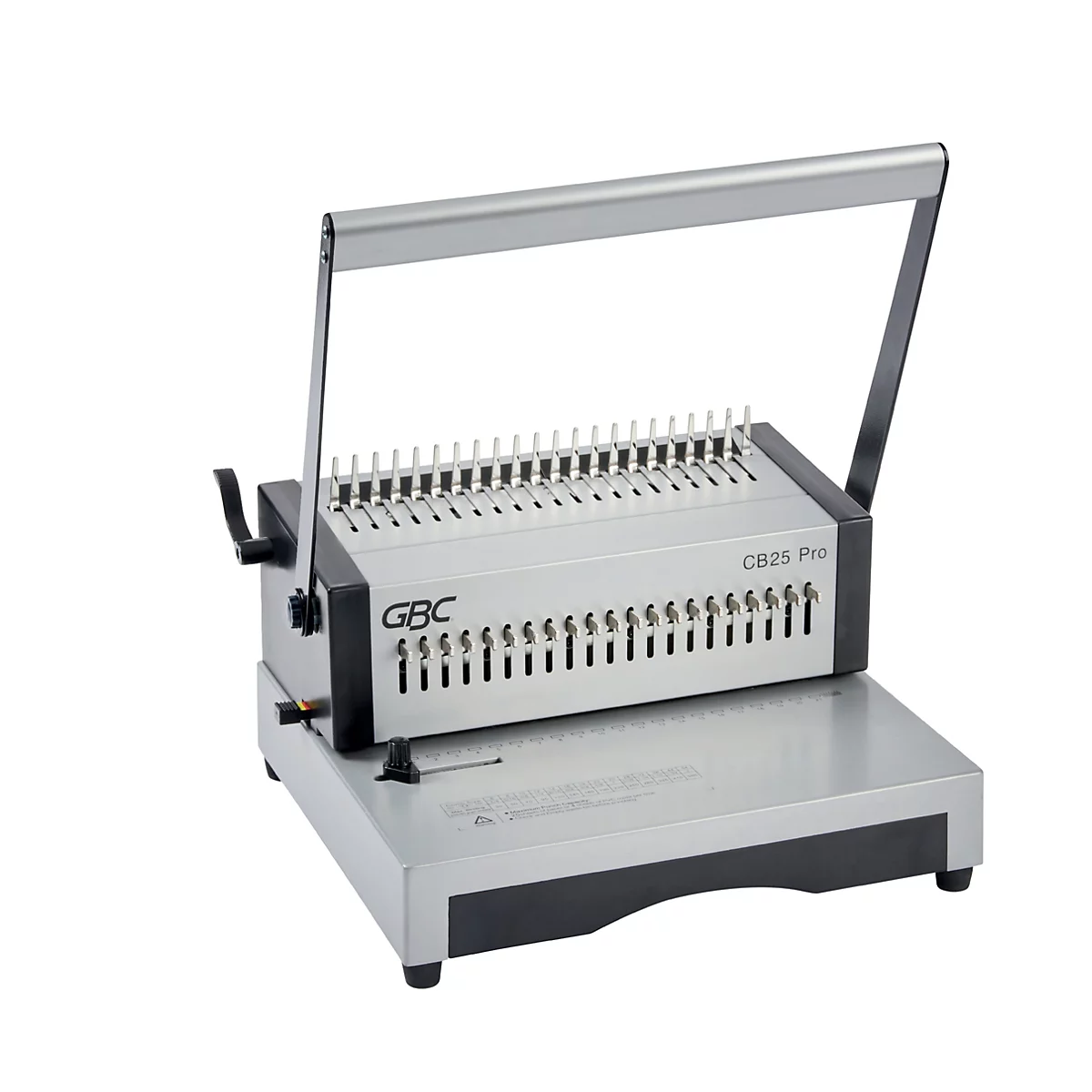 Grijze GBC CB25 Pro bindmachine. Bovenop een hendel, daaronder een rij pinnen en een bodemplaat.