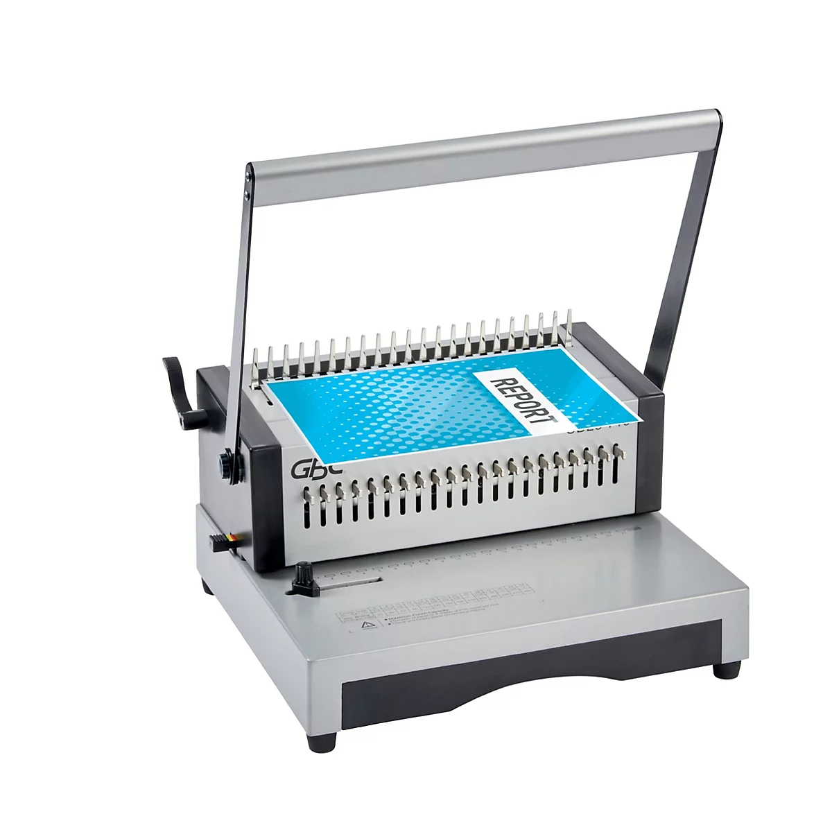 Machine à relier avec un document bleu portant le mot 'REPORT'.