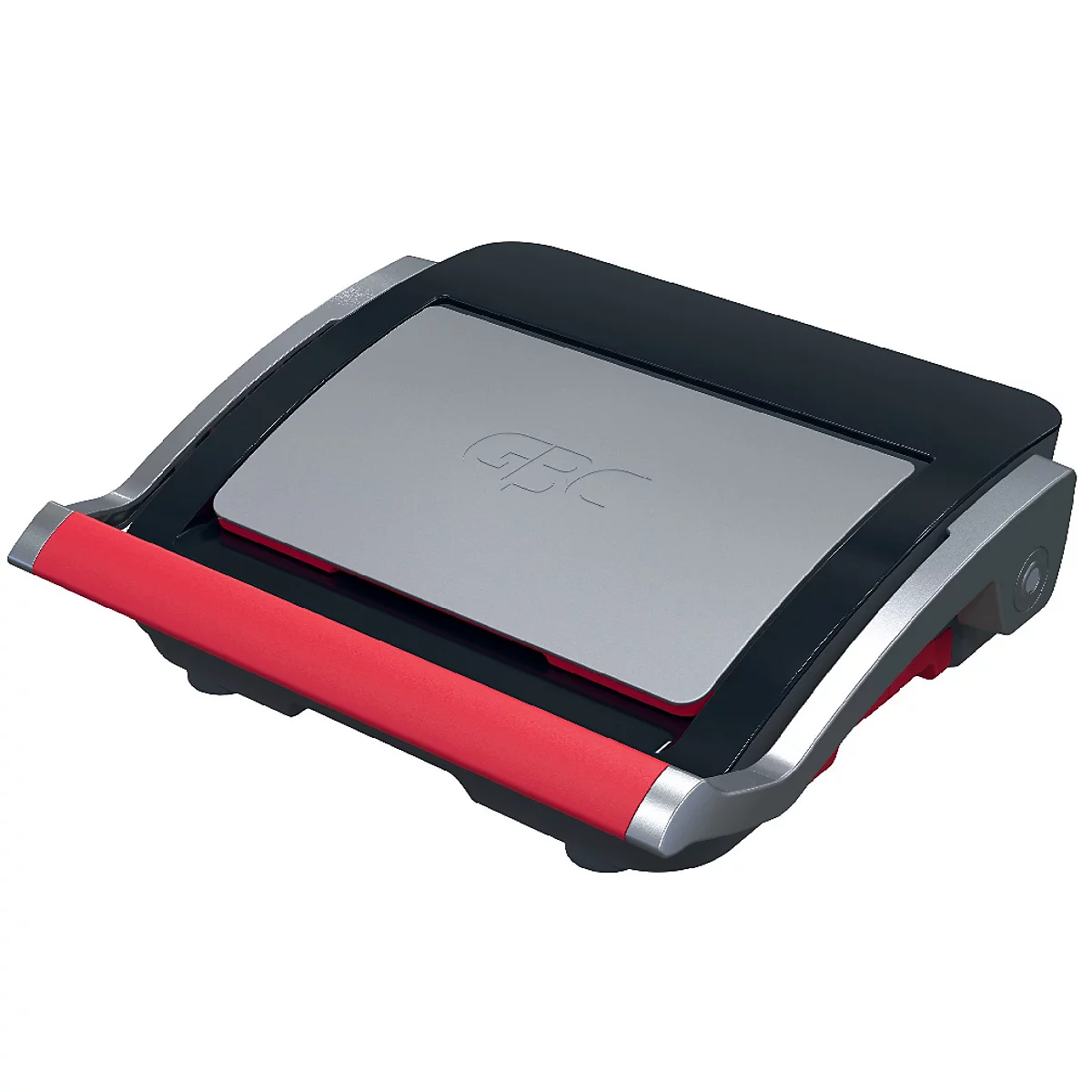 Machine à relier GBC grise avec poignée rouge et dessus noir.